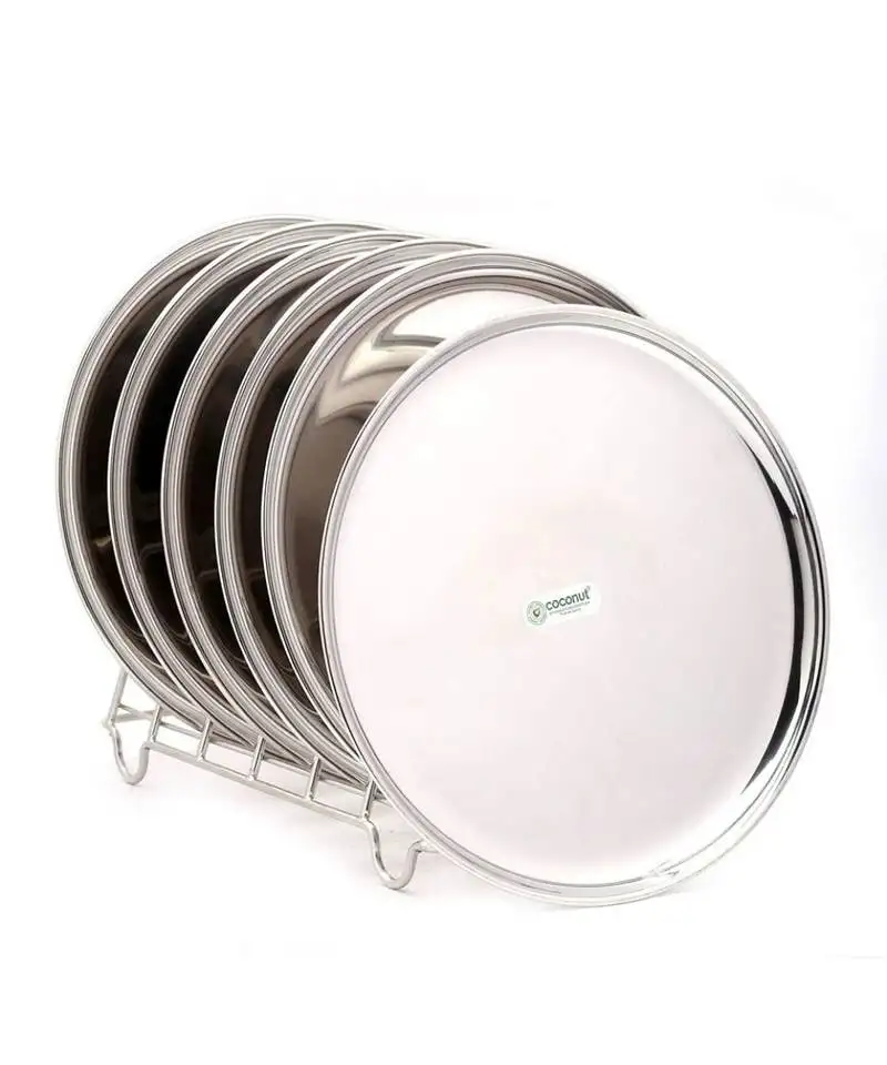 Coconut stainless steel kanchan bogi plate::Thali:: kumcha - pack of 6 (diameter 9 inch)