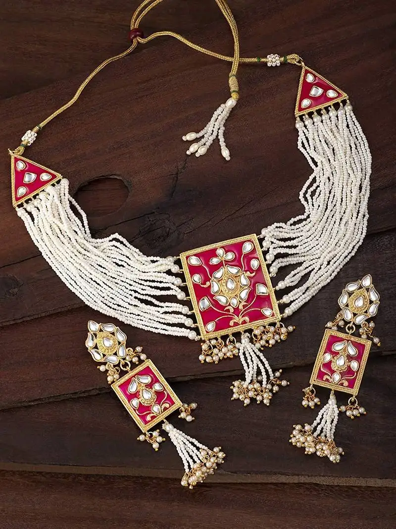 Pearl & kundan necklace choker with earrings padmavati style for women