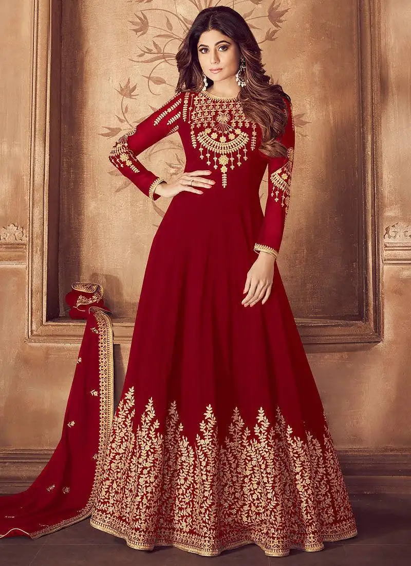 Maroon georgette zari embroidered wedding wear anarkali semi-suit semi stitched
