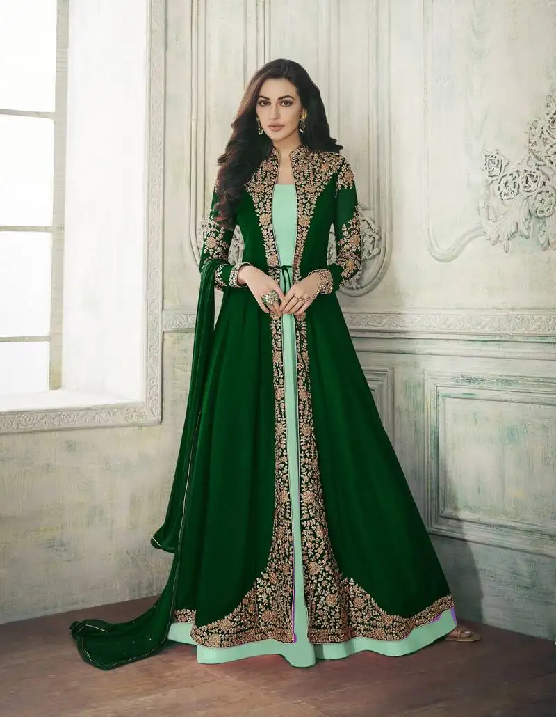 Green embroidered georgette salwar with dupatta semi stitched