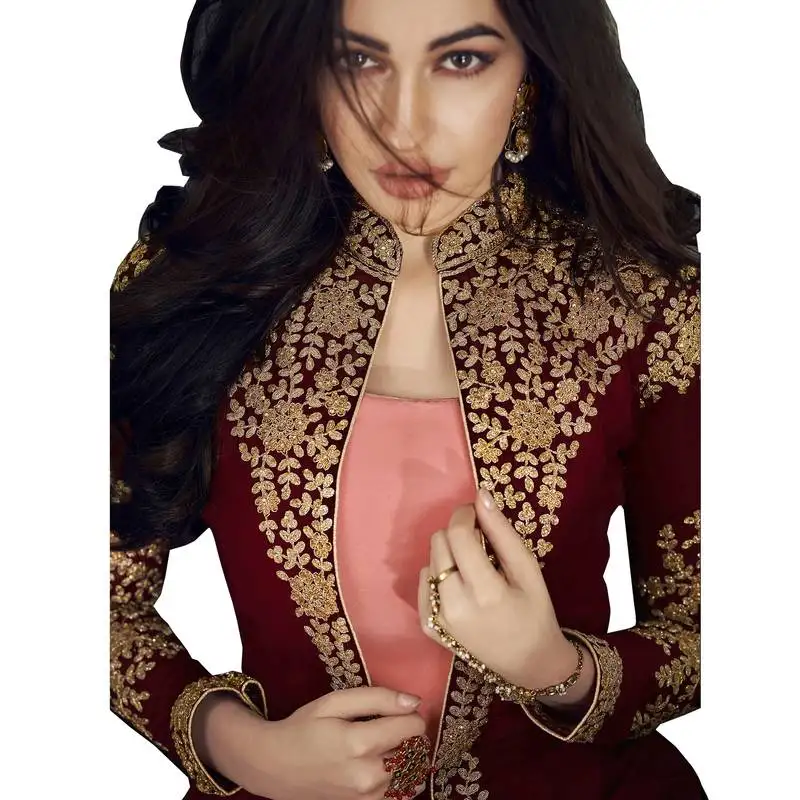 Maroon embroidered georgette salwar with dupatta semi stitched