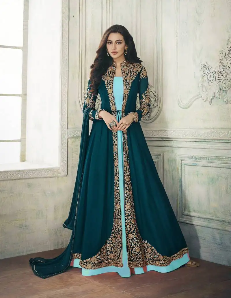 Turquoise georgette thread embroidered salwar suit semi stitched