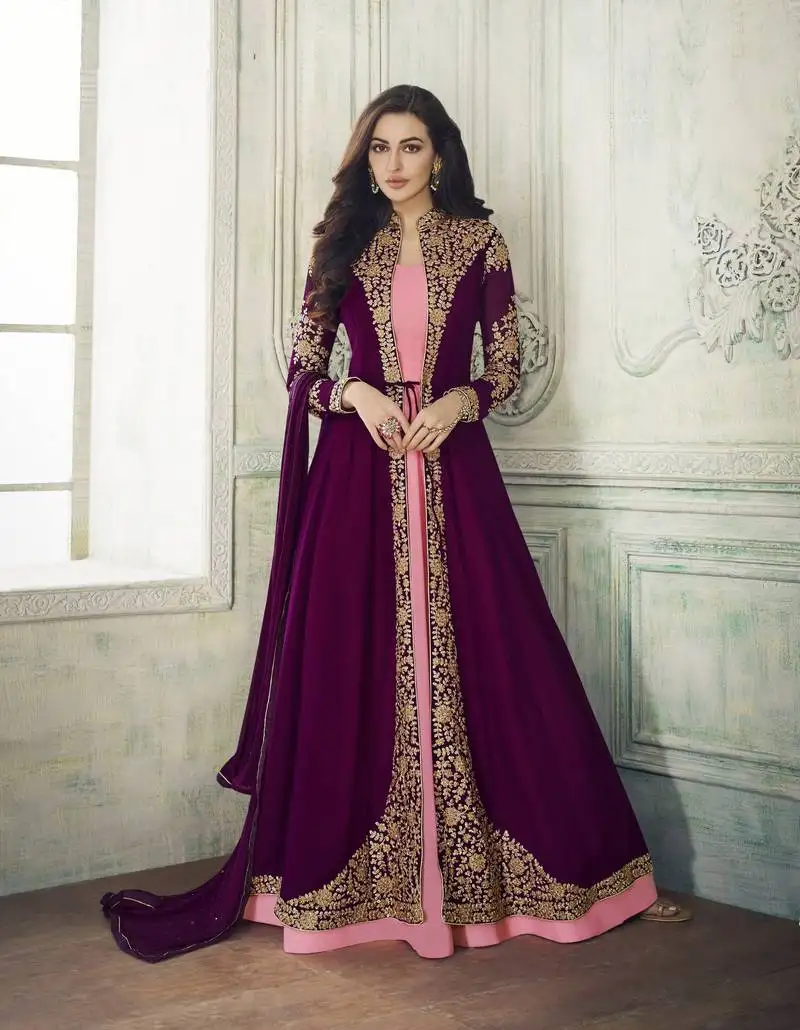 Purple embroidered georgette salwar with dupatta semi stitched