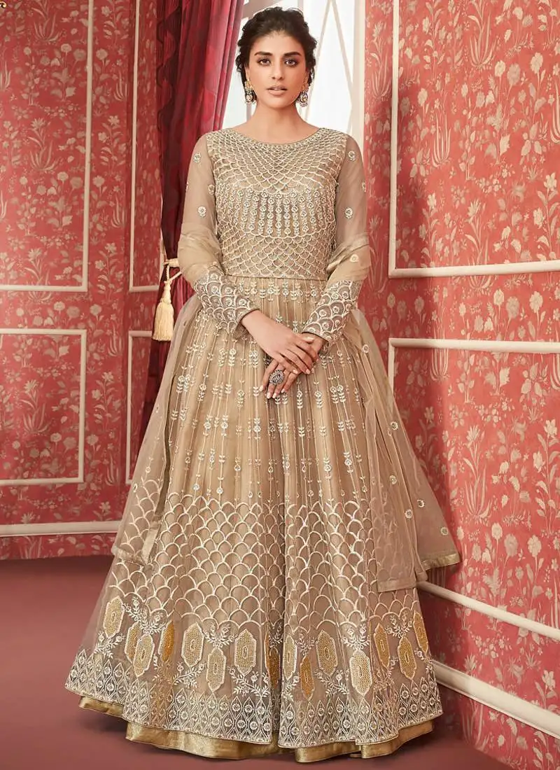 Cream net semi stitched party gown anarkali