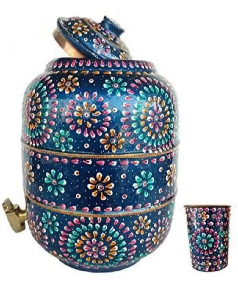 Pure copper hammered water storage pot 6.5 liter capacity outer side water proof hand painted with free tumbler