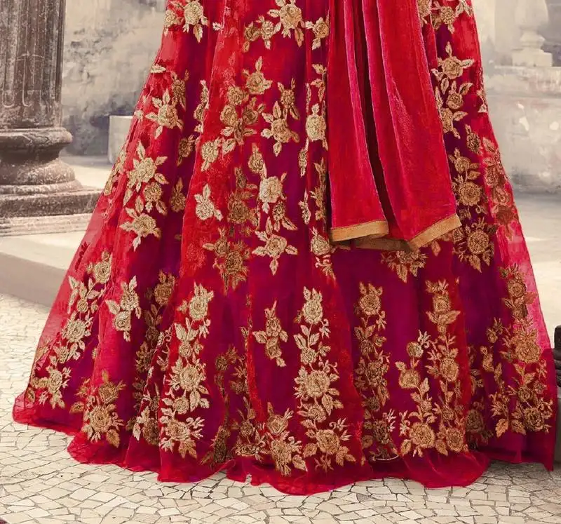 Red embroidered net semi stitched anarkali salwar with dupatta
