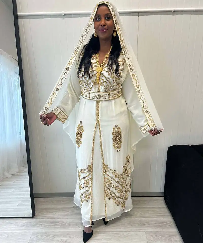 White kaftan zari handcrafted morrocan arabic wedding dress