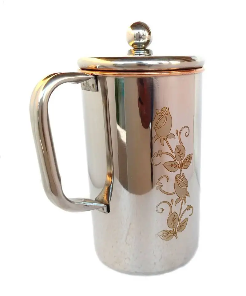 Copper jug water pitcher flower print outside stainless steel utensils inside copper for ayurveda healing - cap