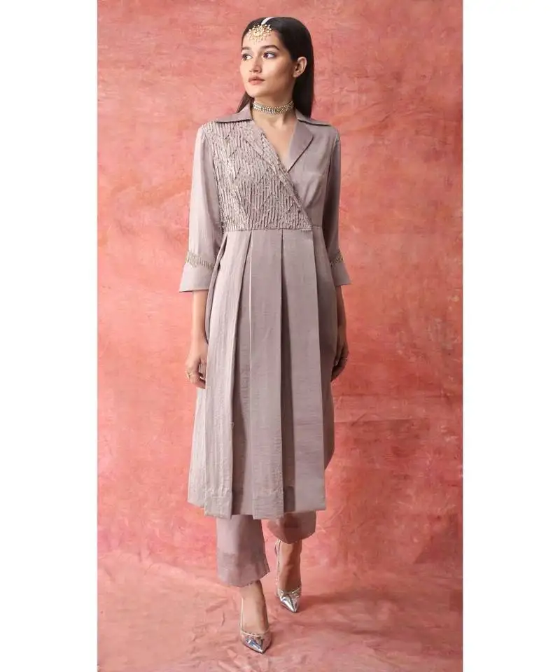 Show shaa brown fabric manipulation box pleate dress set