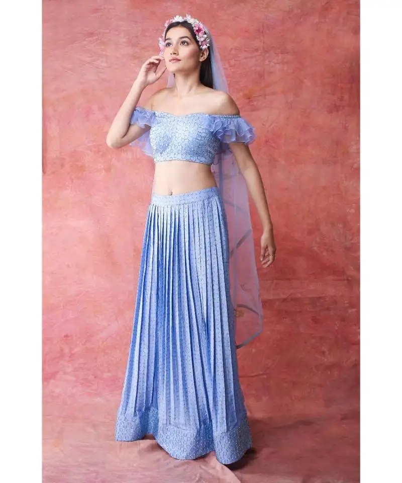 Show shaa ice blue press pleated skirt with ruffle sleeve crop top