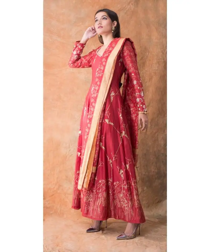 Show shaa red tiny birds anarkali set