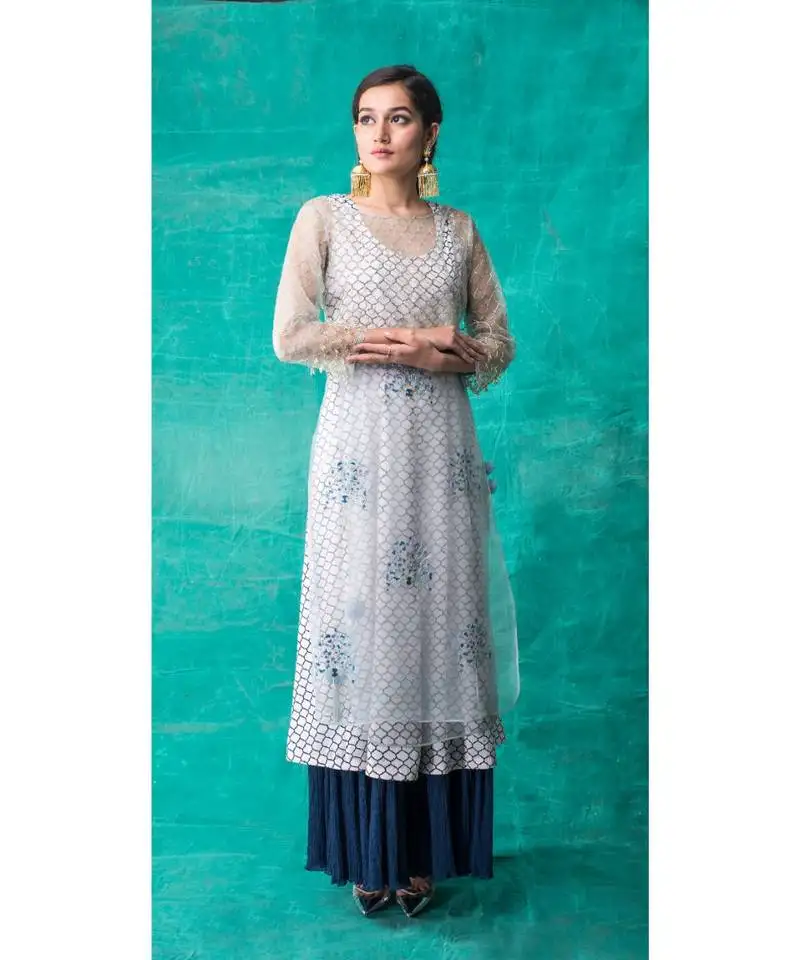 Show shaa blue floral embroided angrakha and morocon anarkali