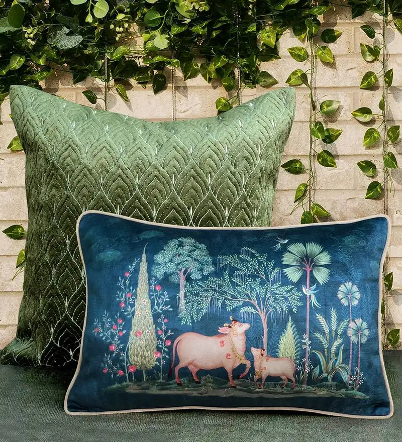 Pichwai blue pillow sham 12x18 | designer lumbar cushion cover for home décor