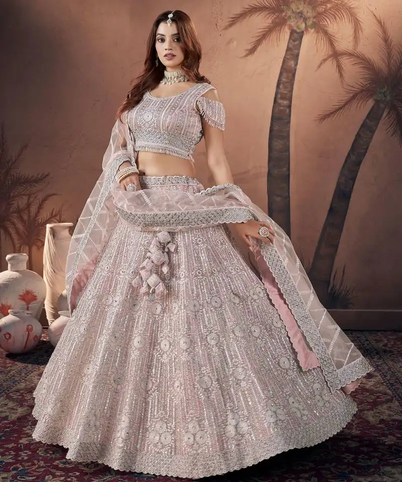 Baby pink zarkan diamond handwork lehenga choli