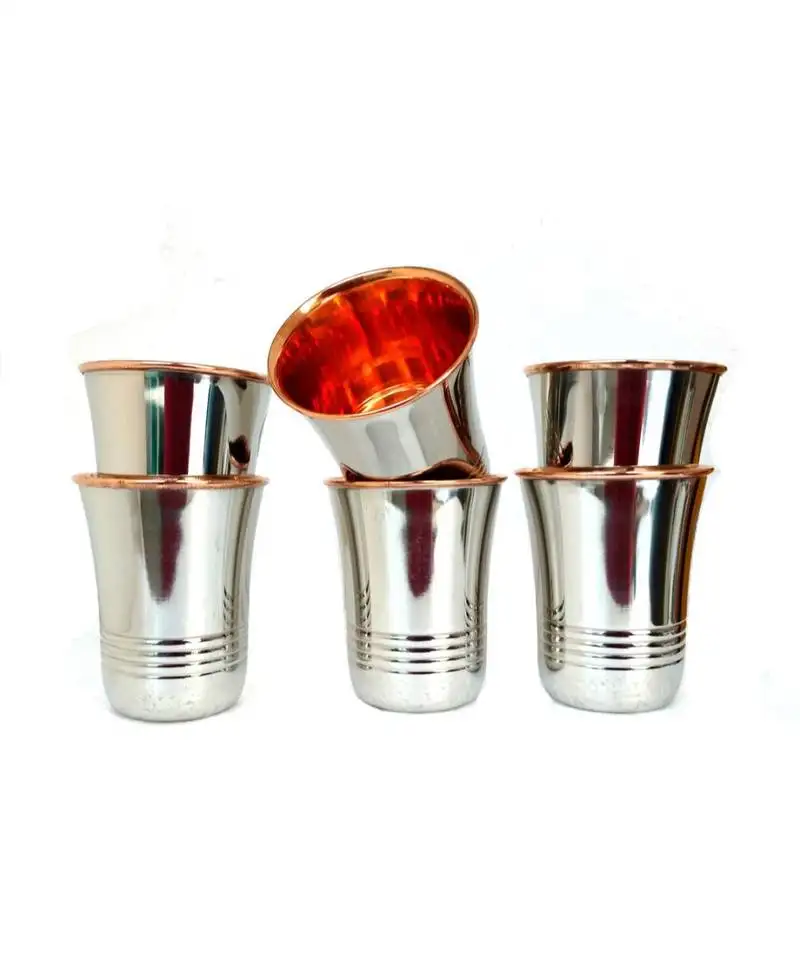 Handmade copper tumbler outer stainless steel copper water glass for water drink, set of 6 steel copper luxury looking