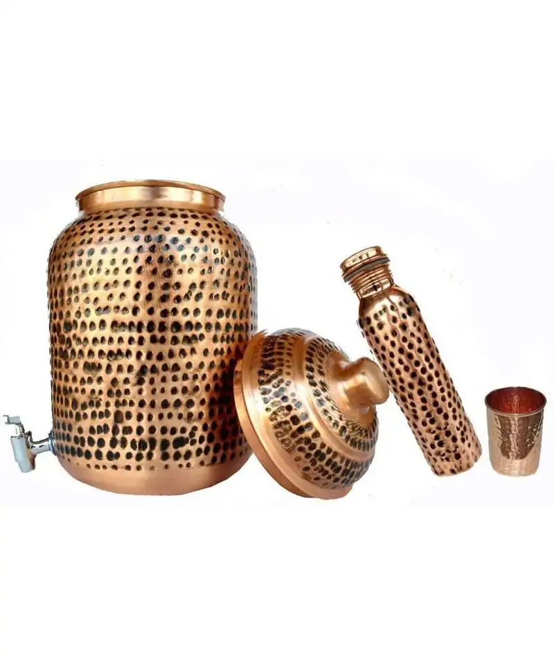 Pure copper hammered water storage tank brown pot 4 liter capacity with tumble and copper bottle