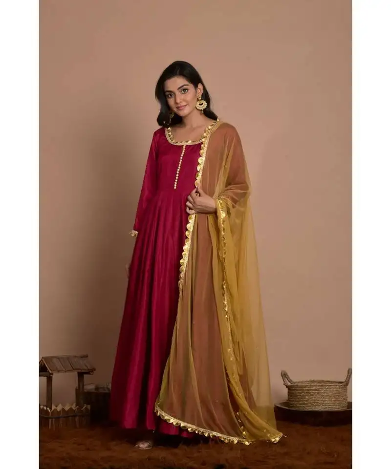 Maroon anarkali with golden dupatta