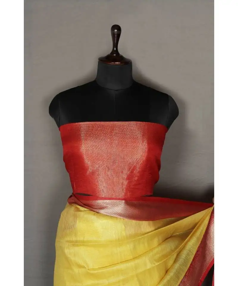 Yellow handloom banarsi linen saree with blouse piece