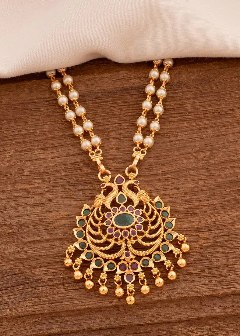 Off-white green and purple gemstone studded necklace