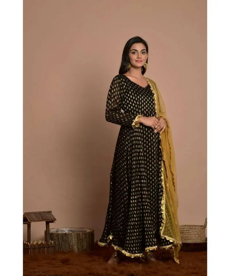 Black flared anarkali set with golden dupatta