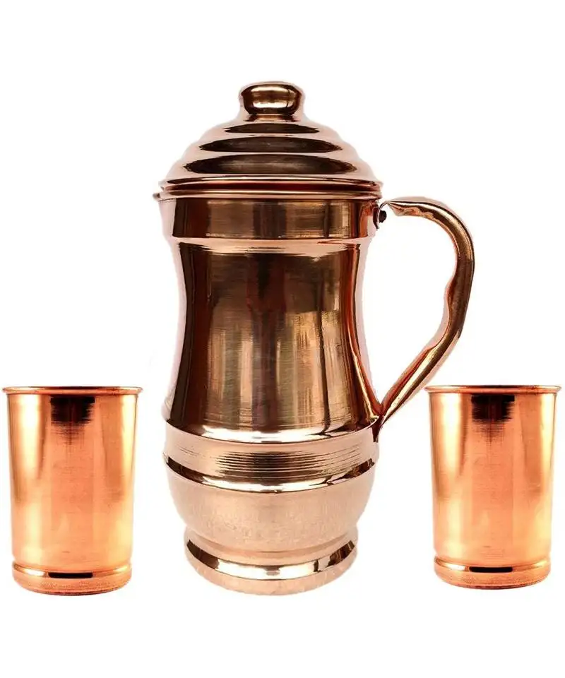 Pure copper jug with 2 glass drink ware set pitcher tumbler