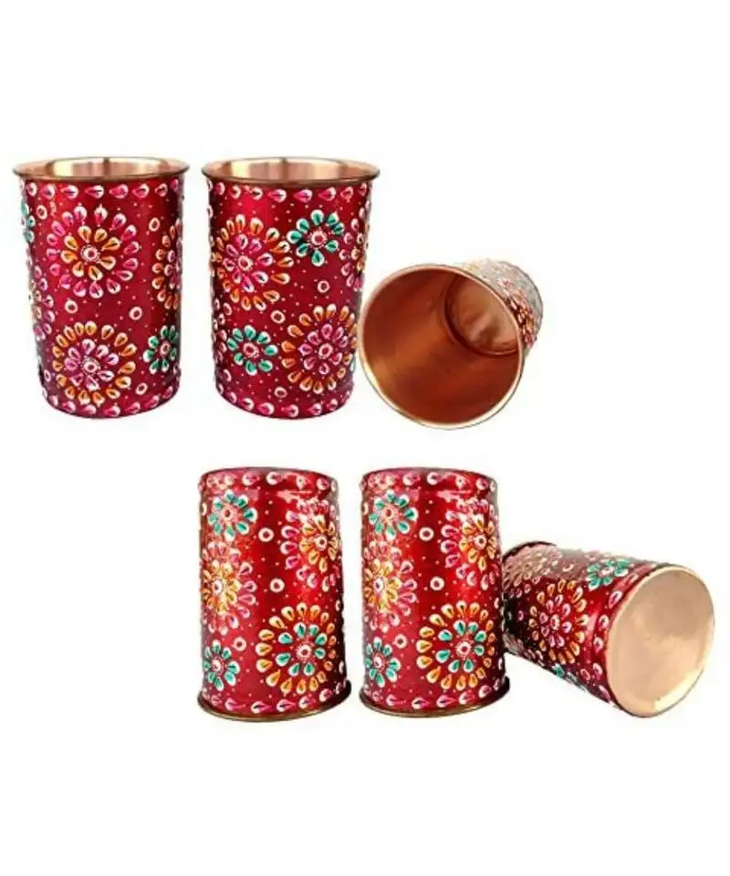 Pure copper glass tumblers hand painting art work outer side red (6)