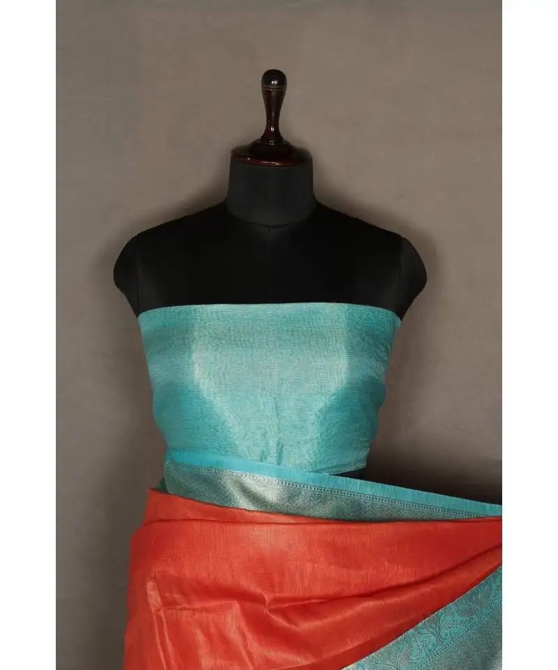 Red handloom banarsi linen saree with blouse piece