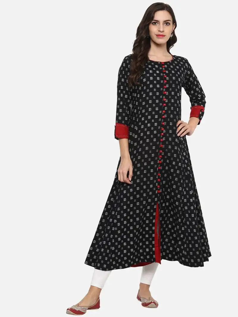 Women's cotton printed anarkali kurta (black)