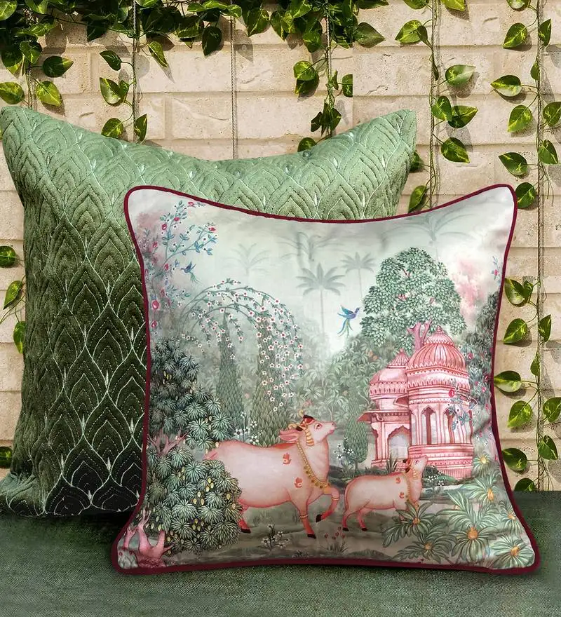 Pichwai cushion cover – beige devotion 16x16, 1pc