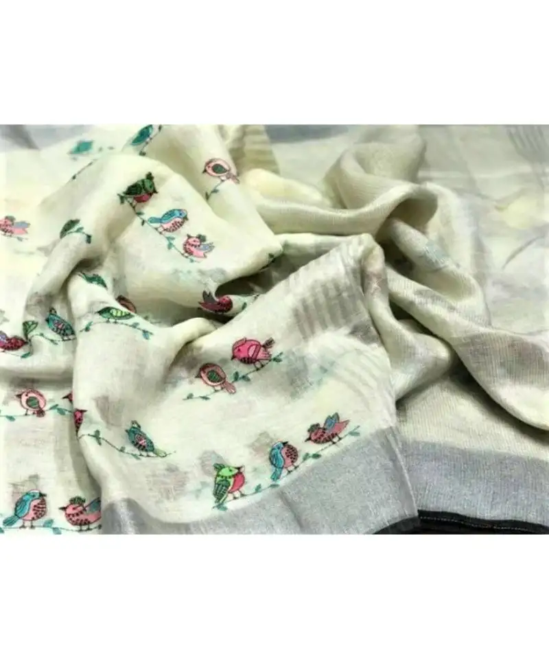 Grey handcrafted linen saree with embroidery work on the saree