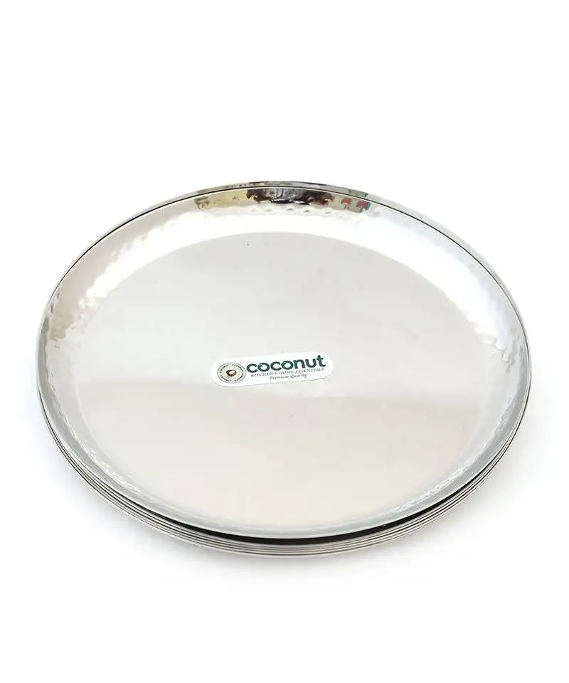 Coconut stainless steel hammered dinner plate::Thali:: kumcha - pack of 6 (diameter 11 inch)