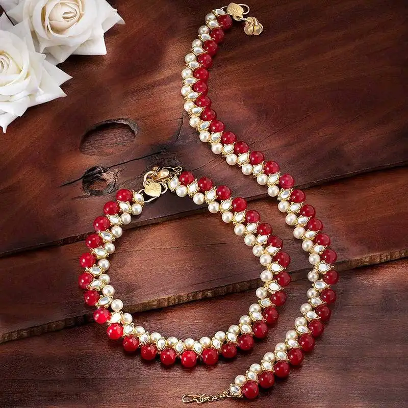 Traditional gold plated kundan pearl anklets payal for girls & women