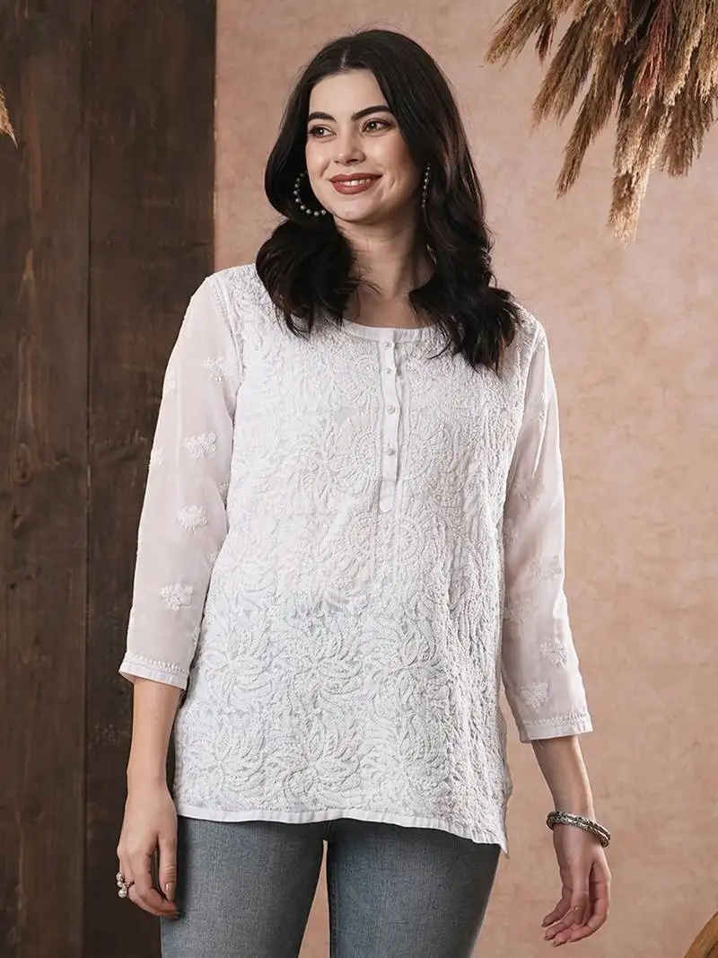 Hand embroidered white cotton lucknow chikan women top