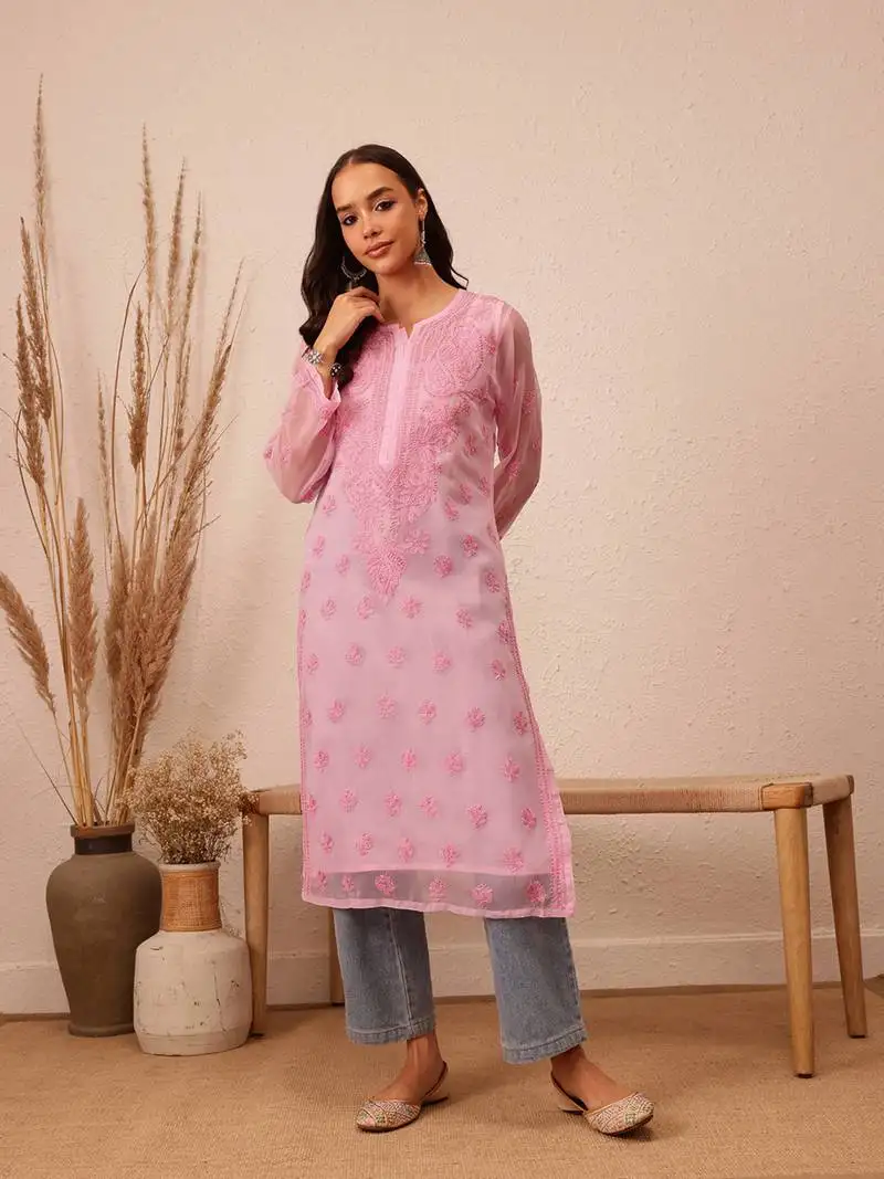Hand embroidered pink faux georgette lucknowi chikankari women kurta with slip