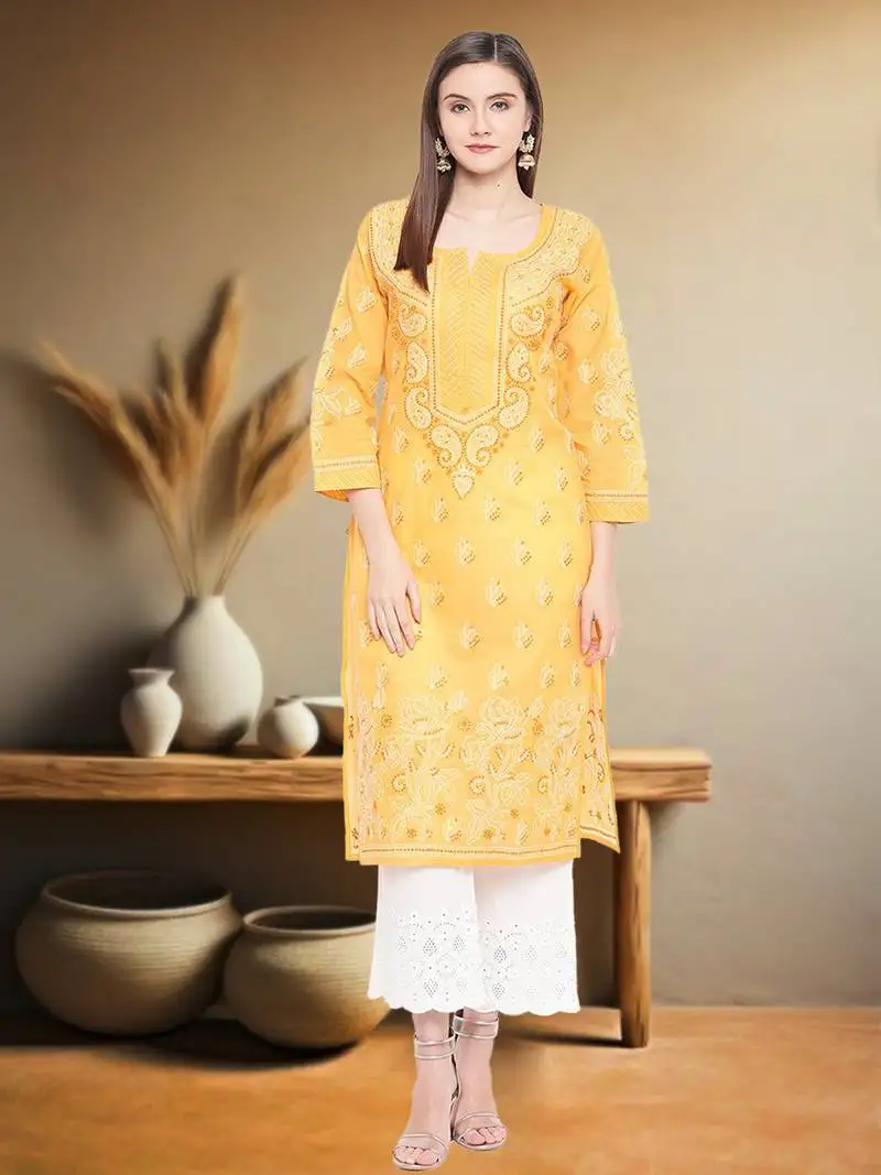 Hand embroidered mustard cotton lucknow chikankari women kurta