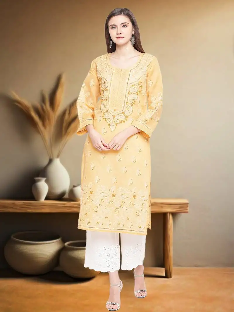Hand embroidered fawn cotton lucknow chikan women kurta