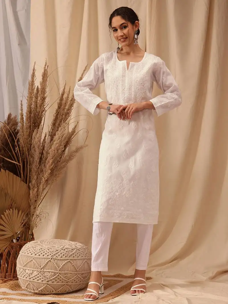 Hand embroidered white cotton lucknowi chikankari women kurta