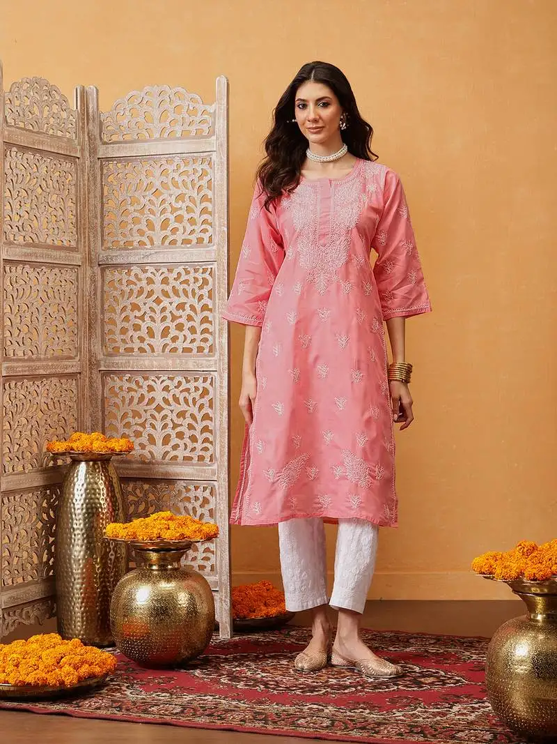 Hand embroidered peach cotton lucknow chikankari women kurta