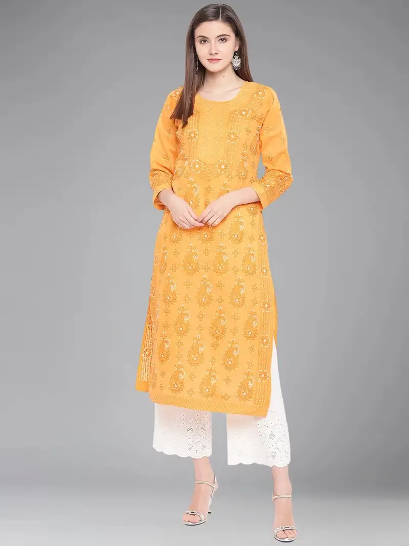 Hand embroidered mustard cotton lucknow chikankari indian women kurta