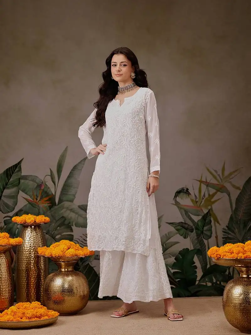 Hand embroidered white faux georgette lucknow chikankari kurta with slip for women