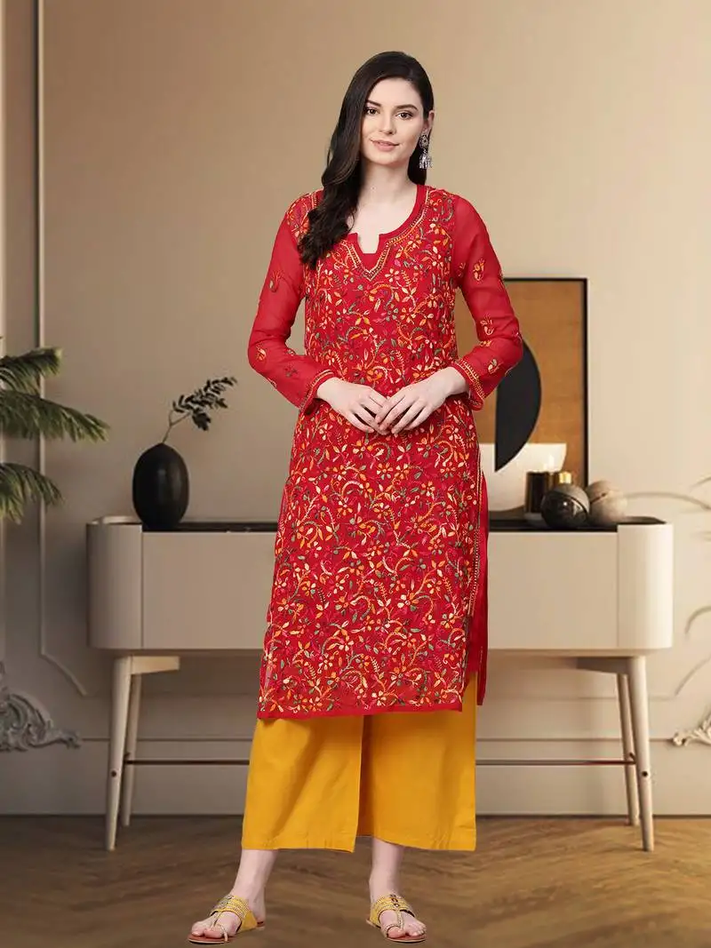 Hand embroidered red faux georgette lucknow chikankari women kurta with slip