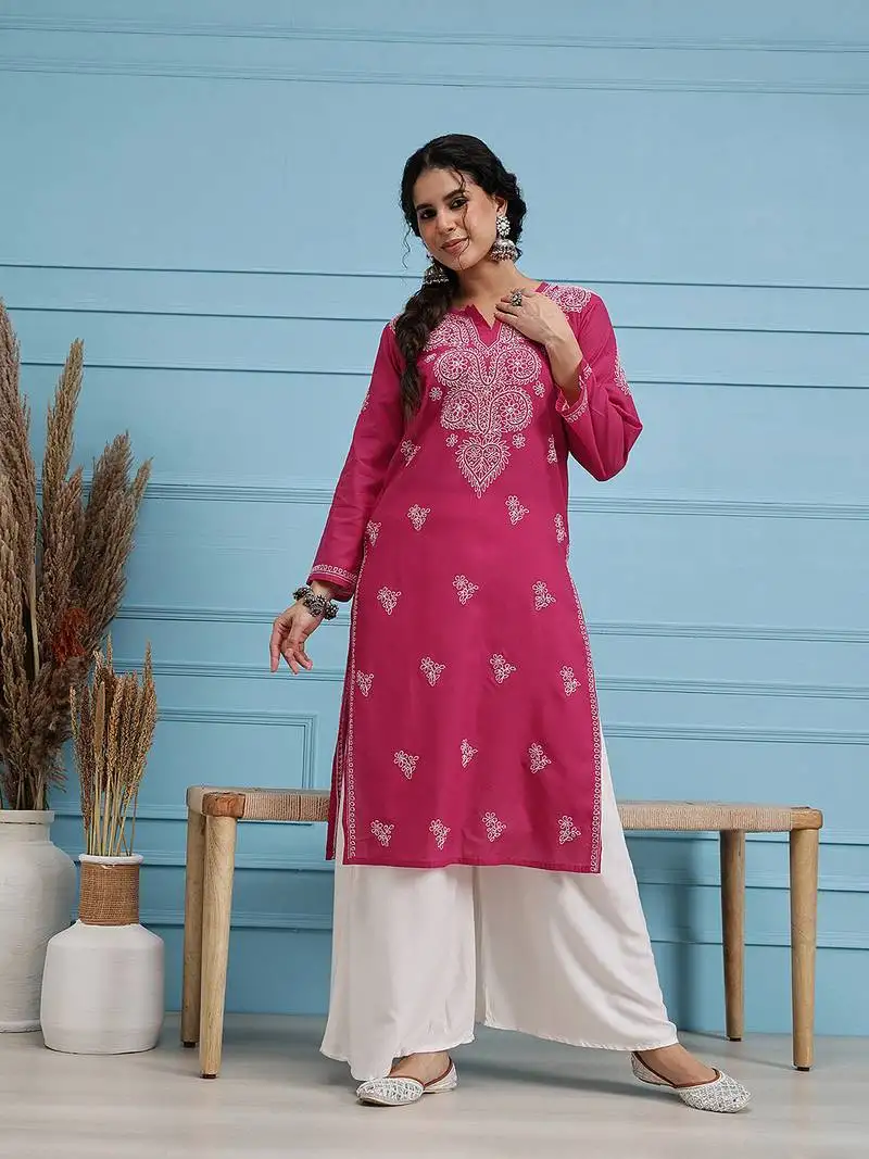 Hand embroidered magenta pure cambric cotton lucknow chikankari women kurta