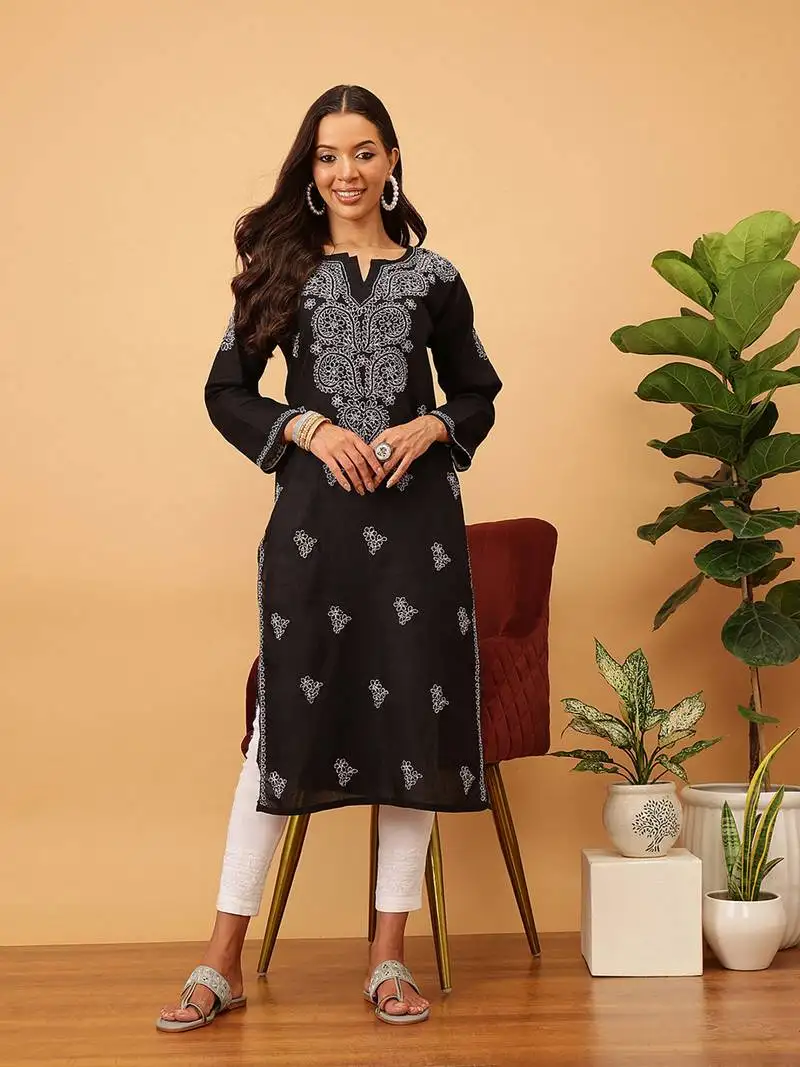 Hand embroidered black pure cambric cotton lucknow chikankari women kurti