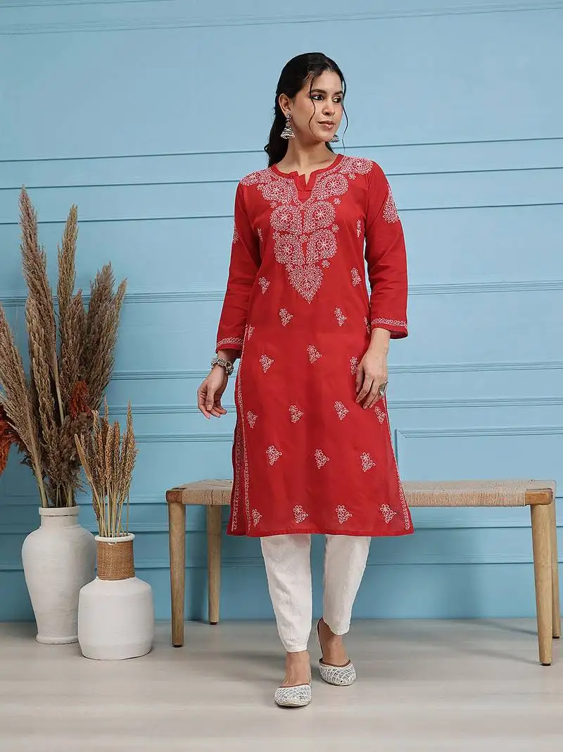 Hand embroidered red pure cambric cotton lucknow chikankari women kurta