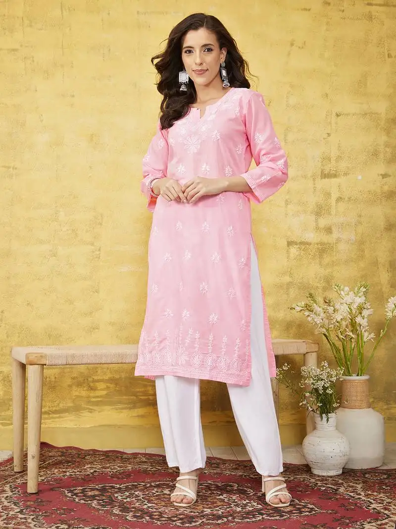 Hand embroidered pink cotton lucknow chikankari women kurta