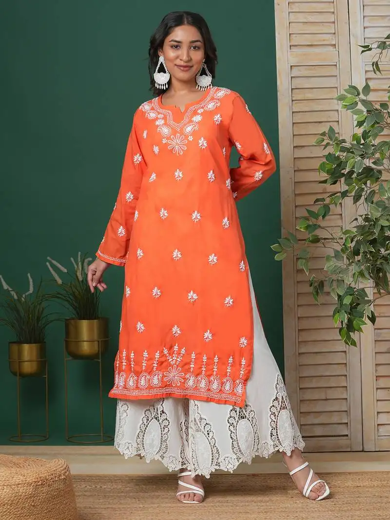 Hand embroidered rust cotton lucknow chikankari kurta for women