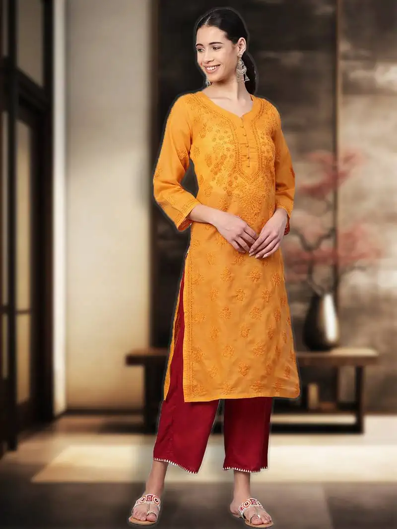Hand embroidered mustard cotton lucknowi chikan women kurta