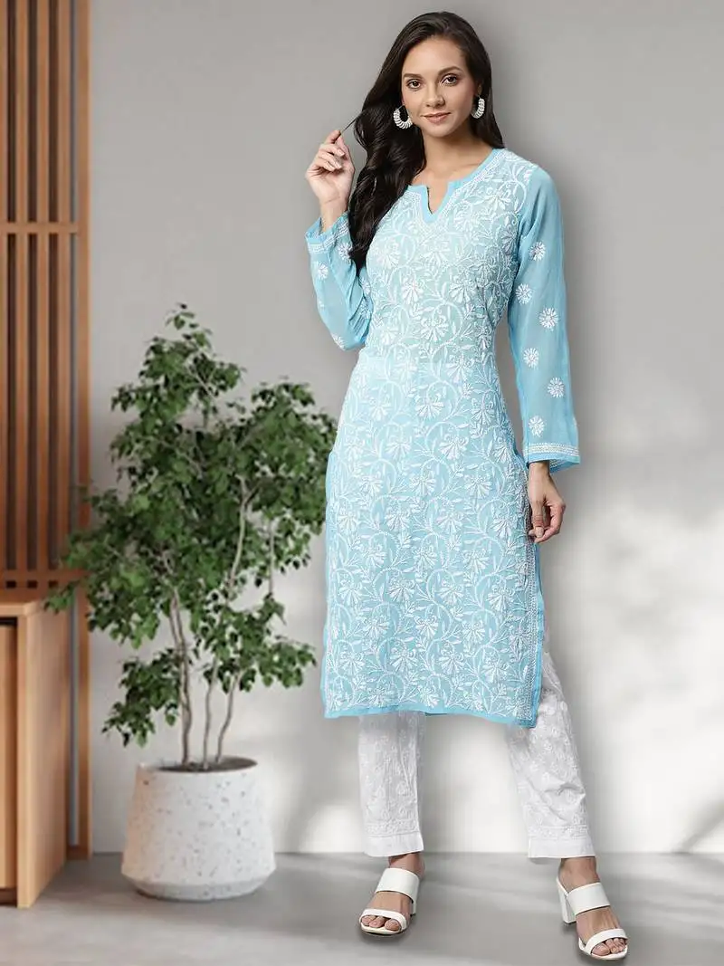 Hand embroidered blue faux georgette lucknow chikankari women kurta palazzo set with slip