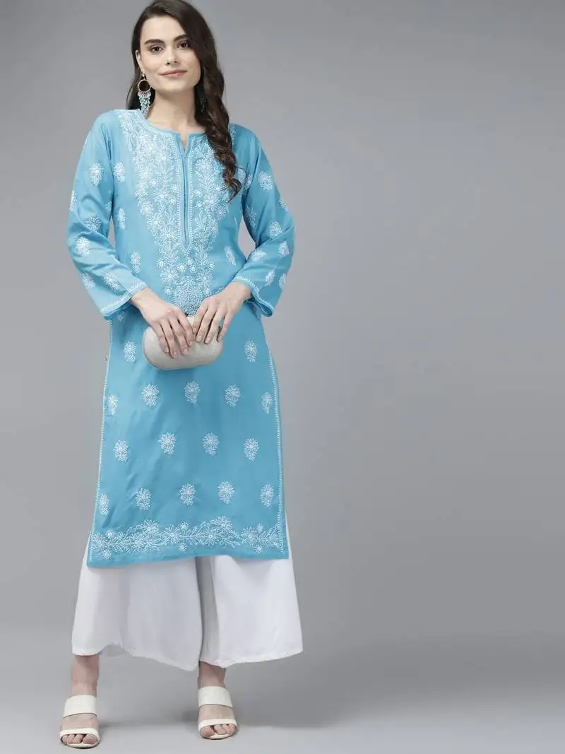 Hand embroidered blue cotton lucknow chikankari women kurta