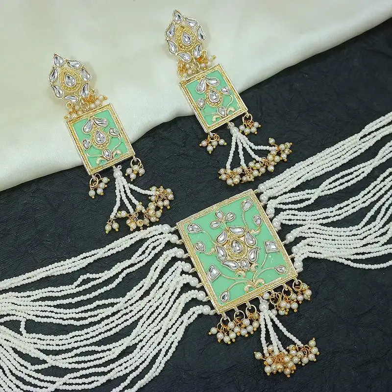 Gold plated traditional padmavati pearl & kundan necklace with earrings for women